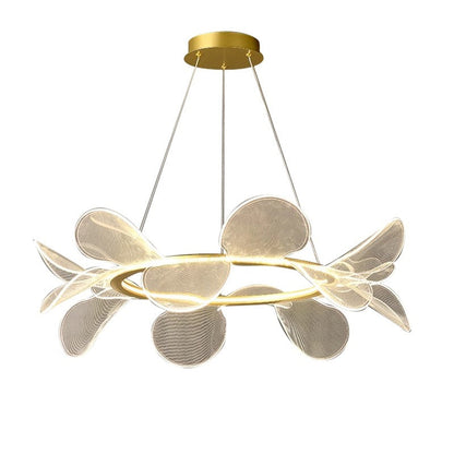 Gold circular chandelier with petal-like leaves and mesh texture.