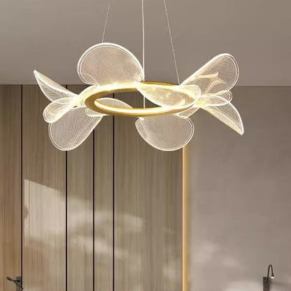 Modern white mesh flower pendant light with gold accents.