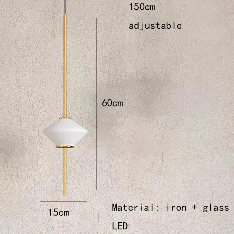 Art deco pendant light with sleek gold iron rod and adjustable white glass shade for dining room use