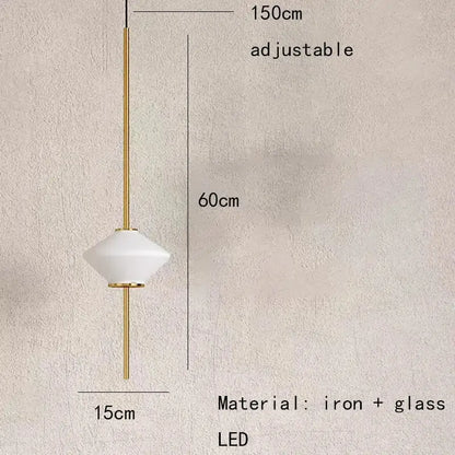 Art deco pendant light with sleek gold iron rod and adjustable white glass shade for dining room use