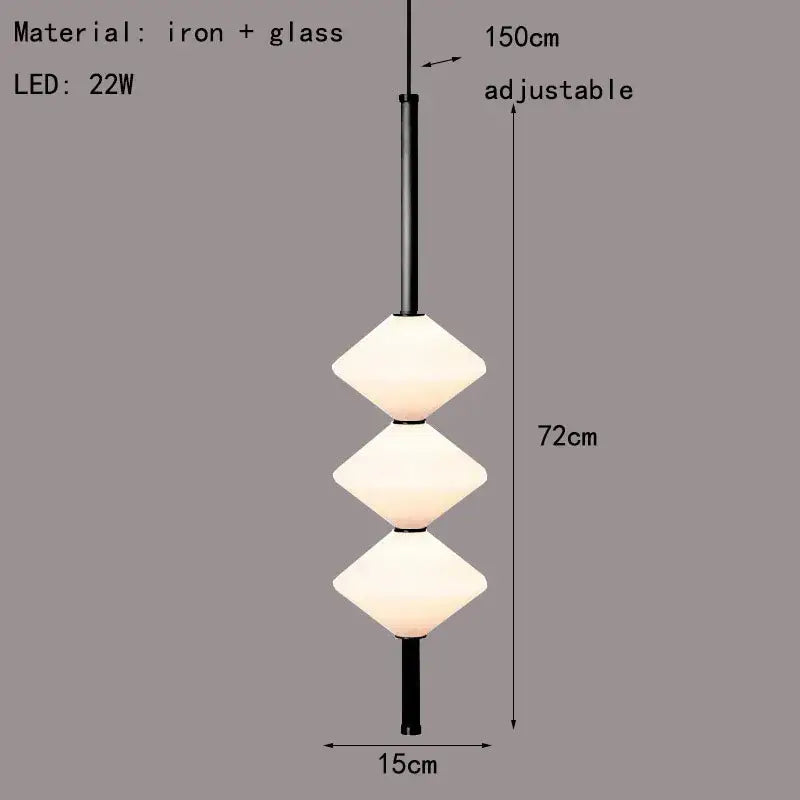 Modern art deco pendant light with three-tiered white glass shades and black iron frame for dining room lighting