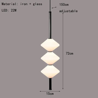 Modern art deco pendant light with three-tiered white glass shades and black iron frame for dining room lighting