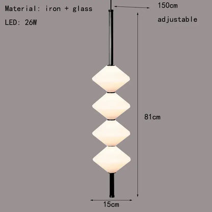 Modern art deco pendant light with four stacked white glass diamond-shaped shades suspended from black iron rod