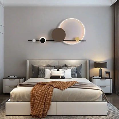 Modern art deco led wall sconce with illuminated rings and black white brown gold discs for dining room decorbites art deco