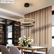 Modern art deco black and gold led double-ring suspension lighting fixture for dining room with sleek illuminated rings