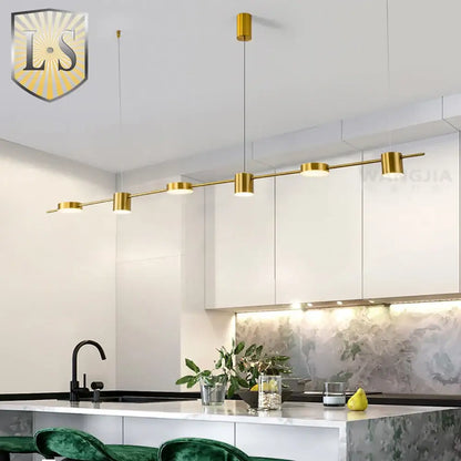 Gold-finished art deco pendant light with cylindrical fixtures and sleek design for dining room light sources