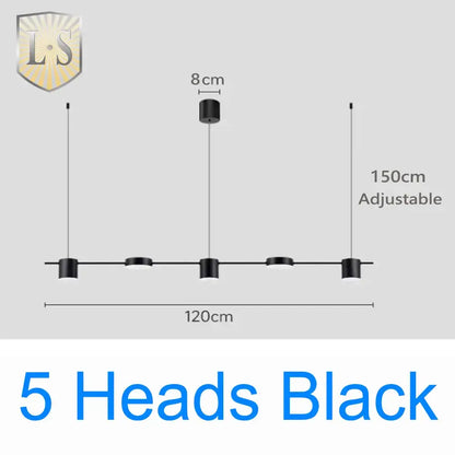 Art deco black and gold linear pendant light with five cylindrical light sources for dining room use