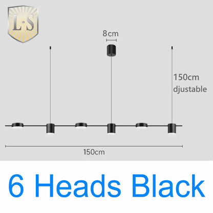 Art deco black and gold linear pendant light with six cylindrical light sources for dining room use