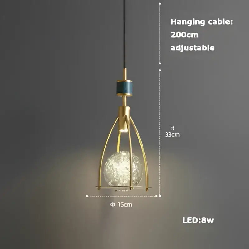 Art deco brass crystal led ceiling chandelier with gold-toned cage pendant and frosted glass globe bulb by decorbites crystal led