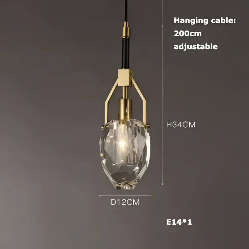 Art deco brass crystal led ceiling chandelier featuring a faceted crystal glass shade and adjustable metal frame pendant decorbites crystal led