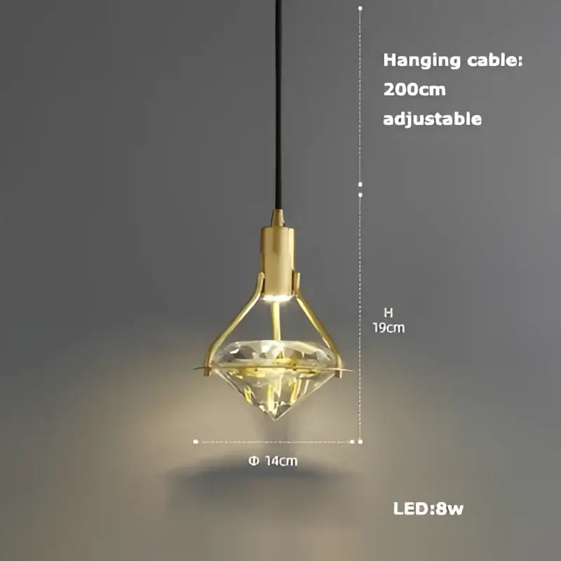 Art deco brass crystal led ceiling chandelier with gold-toned diamond pendant and clear crystal center, 200cm cable for decorbites crystal led