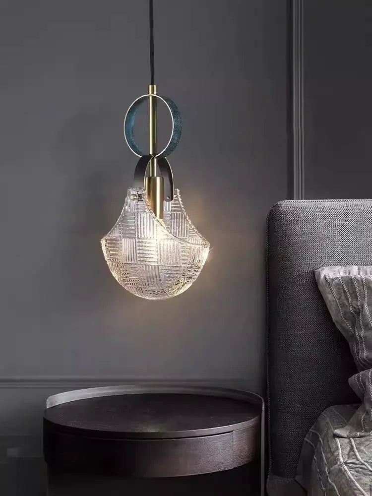 A modern art deco crystal led ceiling pendant with clear woven glass shade and brass accents for dining room decorbites crystal led