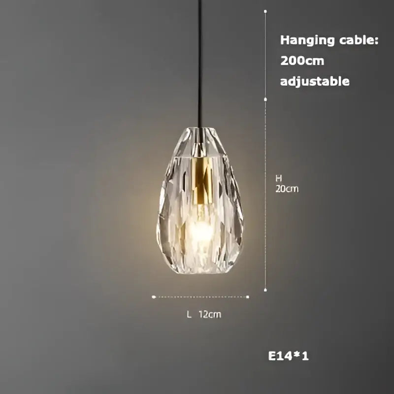 Art deco brass crystal led ceiling chandelier with faceted teardrop glass shade and gold-toned exposed bulb by decorbites