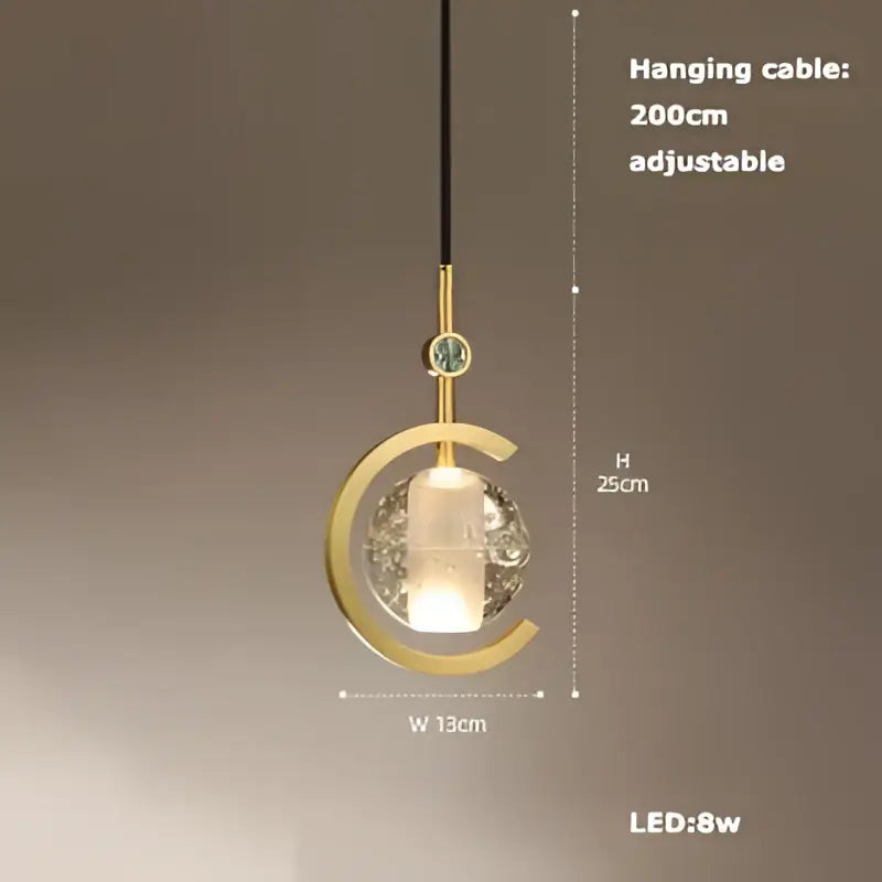 Art deco brass crystal led ceiling chandelier with gold-toned c-shaped pendant and textured glass globe for decorbites crystal led lighting