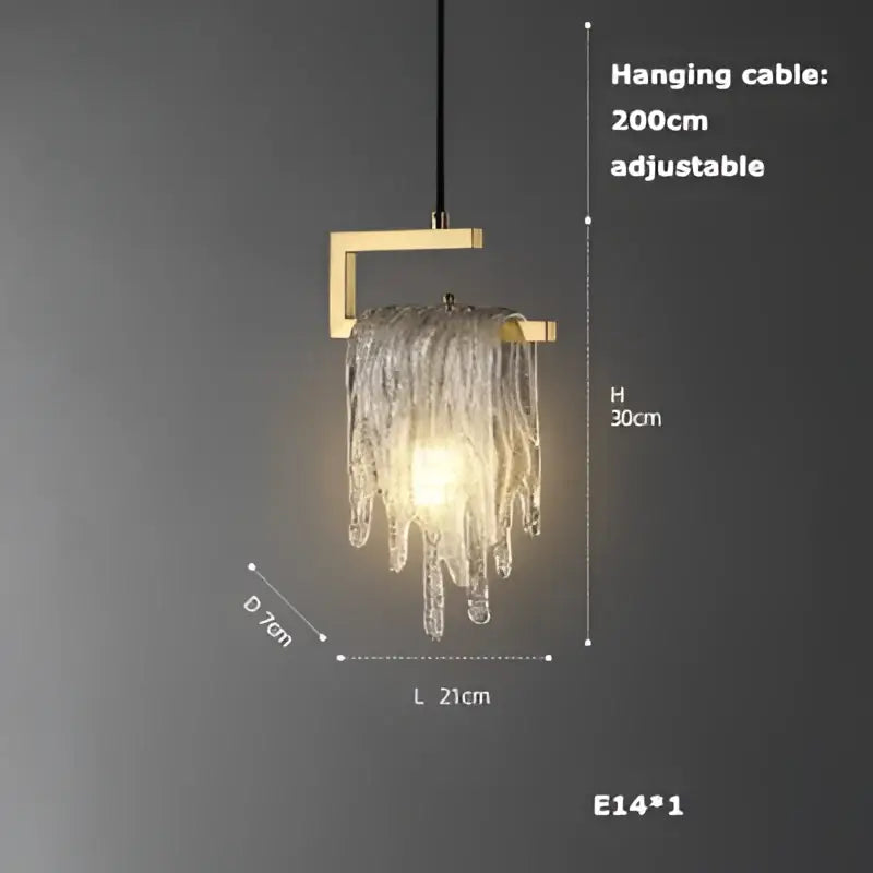 Art deco brass crystal led ceiling chandelier with gold-toned metal frame and cascading translucent glass icicle strands
