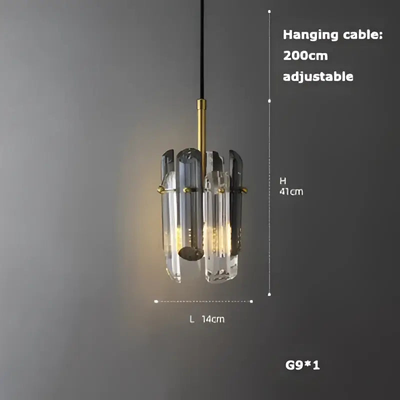 A modern art deco brass crystal led ceiling chandelier with gold-toned frame and faceted glass shades by decorbites