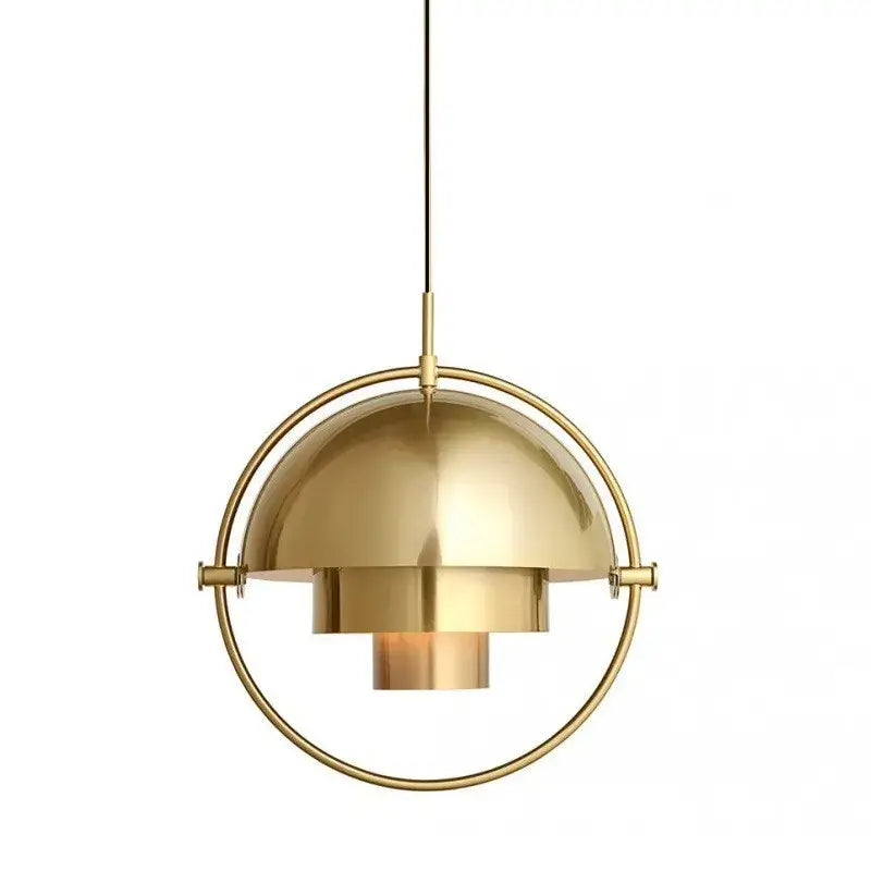 A sleek golden brass art deco pendant light with flower design and concentric rings for dining room cord pendant