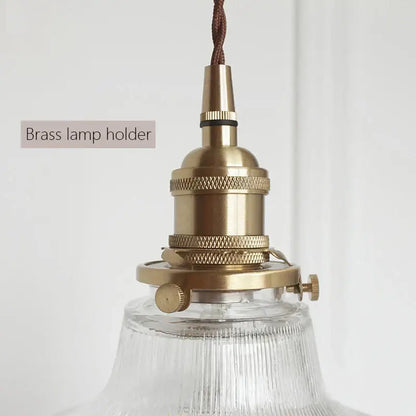 Art deco brass glass retro chandelier pendant light with textured ridged brass lamp holder and clear glass shade