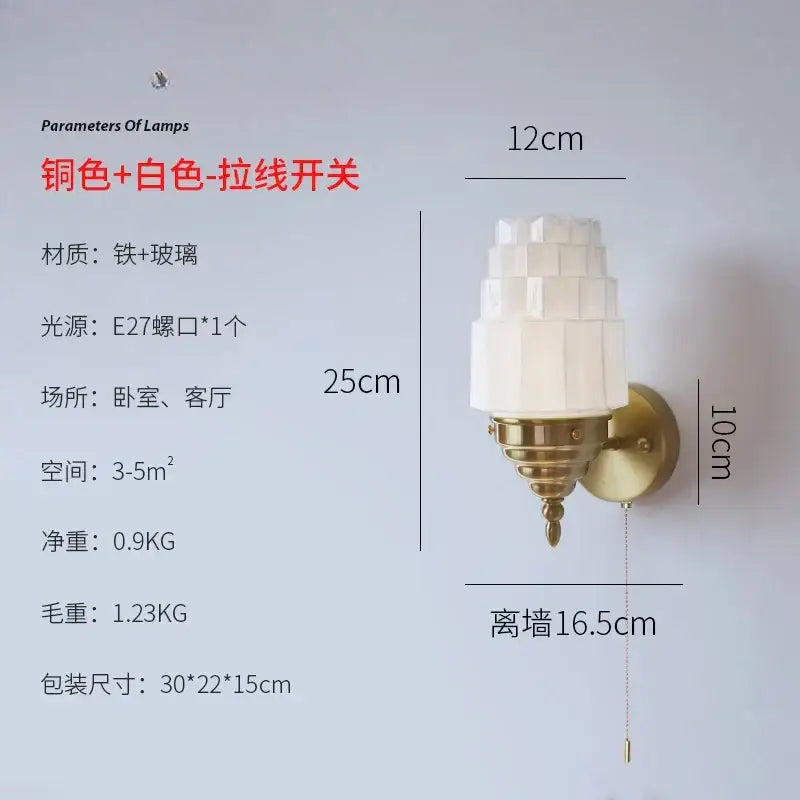Brass-finished Art Deco wall lamp with decorbites cream glass led tiered shade and pull-chain switch for bedroom decor