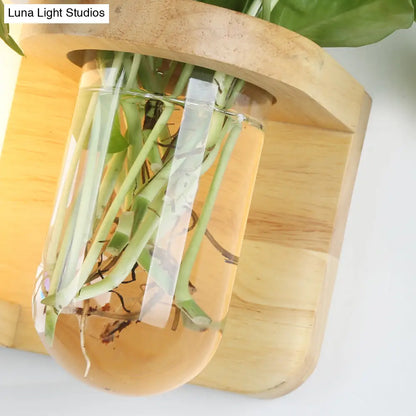 Aplique de pared cúbico de cristal color crema estilo Art Déco con soporte de madera y maceta hidropónica