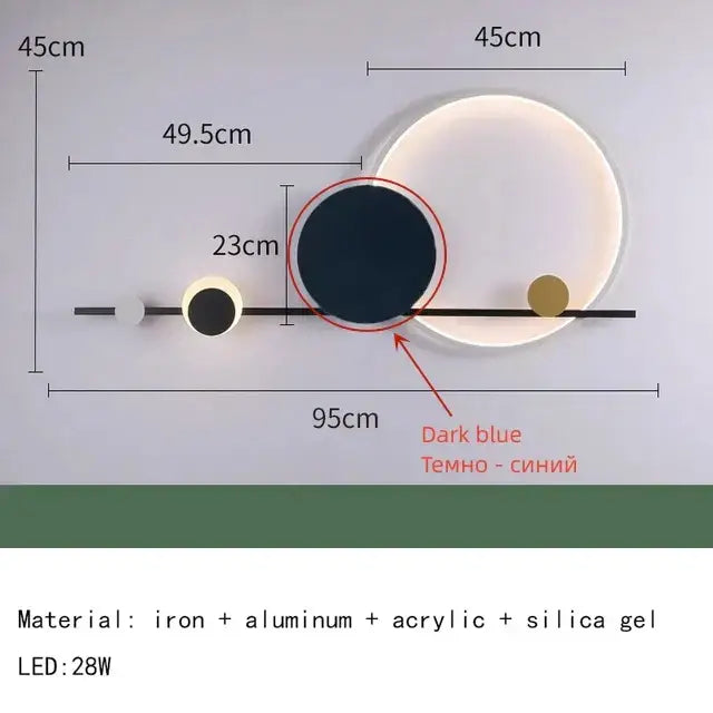 Dark blue circular art deco led wall sconce with iron and aluminum construction for modern bedroom lighting