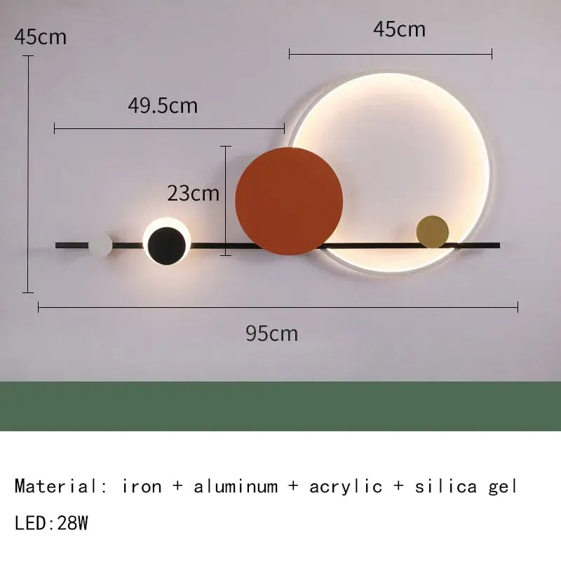 Modern minimalist art deco led wall sconce with sleek black metal frame and orange gold white illuminated elements for bedroom