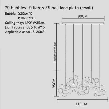 A decorbites art deco glass bubble chandelier with 25 spherical glass bubbles on a sleek metal tray for dining room decor