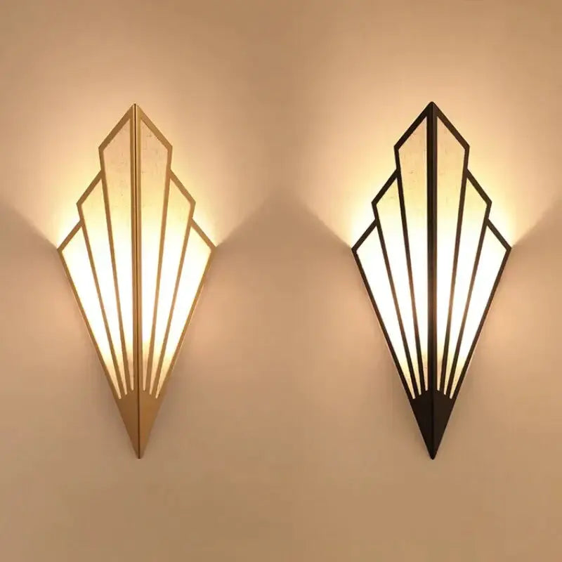 Art deco gold diamond shape modern wall light and black metal fan-shaped wall light with geometric design for bedroom
