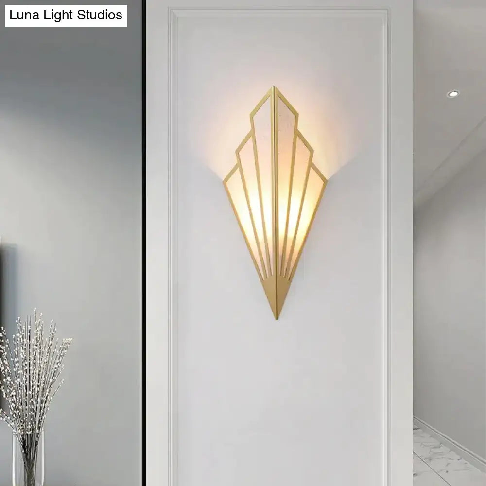 Art deco gold diamond shape modern wall light with geometric fan design and frosted glass panels for bedroom