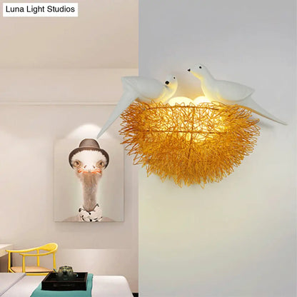 DecorBites™ DecorBites™ Art Deco Gold Finish Flush Wall Sconce: Bird Nest 3-Light Metal LED Fixture with White Bird Decor