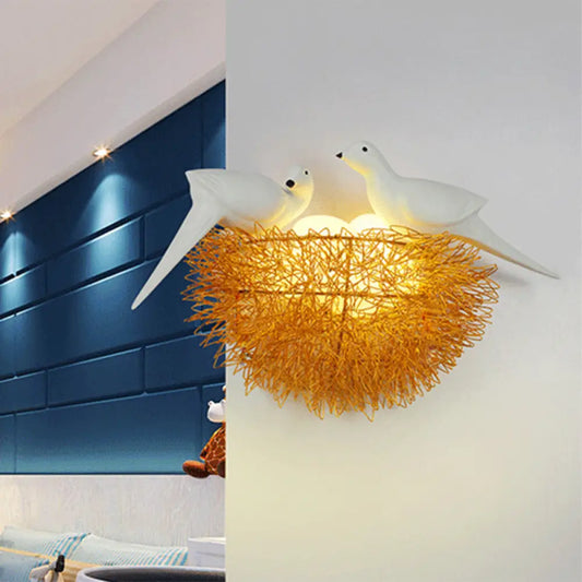 DecorBites™ DecorBites™ Art Deco Gold Finish Flush Wall Sconce: Bird Nest 3-Light Metal LED Fixture with White Bird Decor