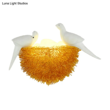 DecorBites™ DecorBites™ Art Deco Gold Finish Flush Wall Sconce: Bird Nest 3-Light Metal LED Fixture with White Bird Decor