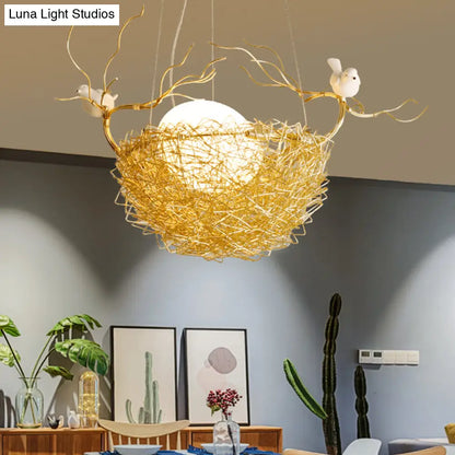 Art Deco Gold Nest Pendant Light with 2 Birds - Metal Hanging Ceiling Light for Restaurants