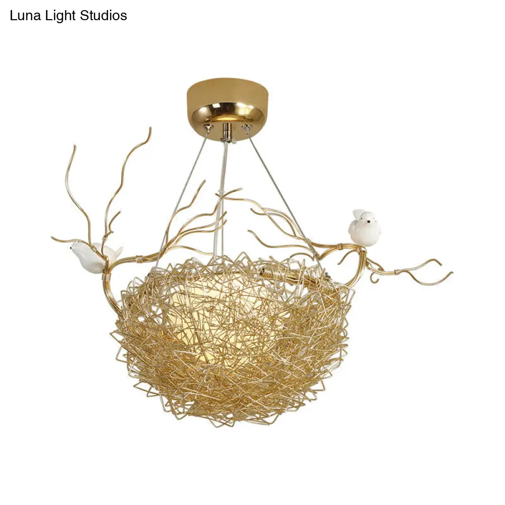 Art Deco Gold Nest Pendant Light with 2 Birds - Metal Hanging Ceiling Light for Restaurants