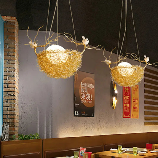 Art Deco Gold Nest Pendant Light with 2 Birds - Metal Hanging Ceiling Light for Restaurants