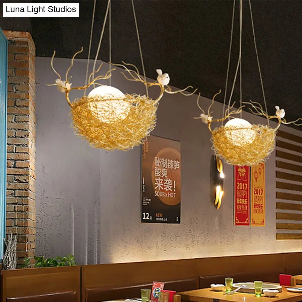 Art Deco Gold Nest Pendant Light with 2 Birds - Metal Hanging Ceiling Light for Restaurants