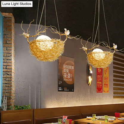 Art Deco Gold Nest Pendant Light with 2 Birds - Metal Hanging Ceiling Light for Restaurants