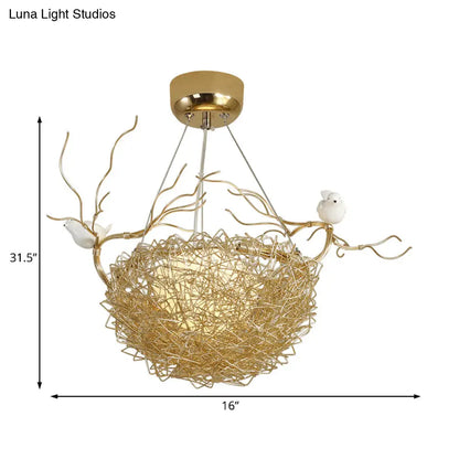 Art Deco Gold Nest Pendant Light with 2 Birds - Metal Hanging Ceiling Light for Restaurants