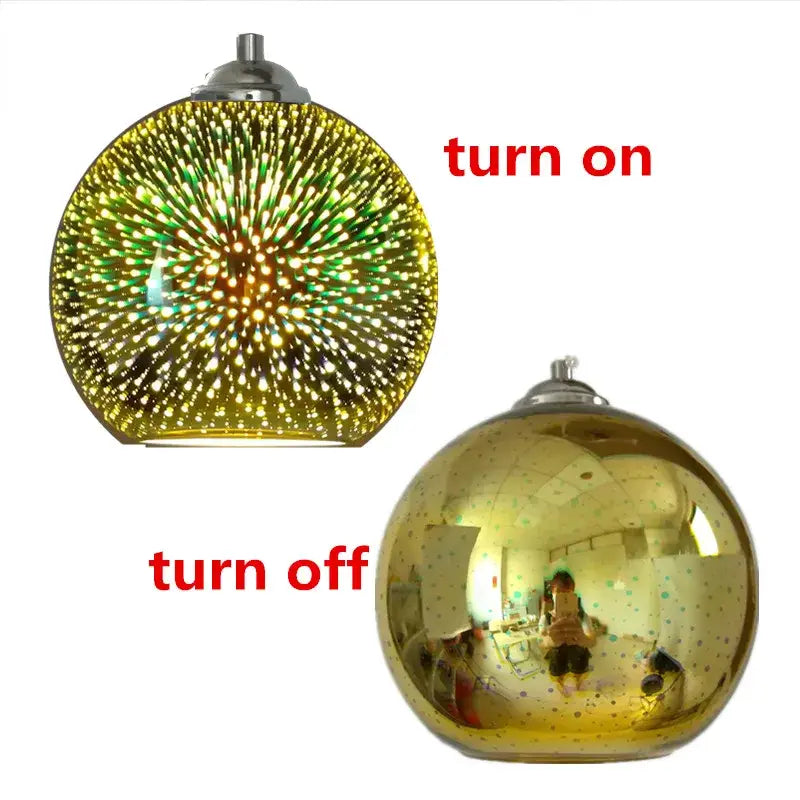 Art deco pendant light with a glass globe and metallic top featuring a green and yellow starburst illumination for dining room