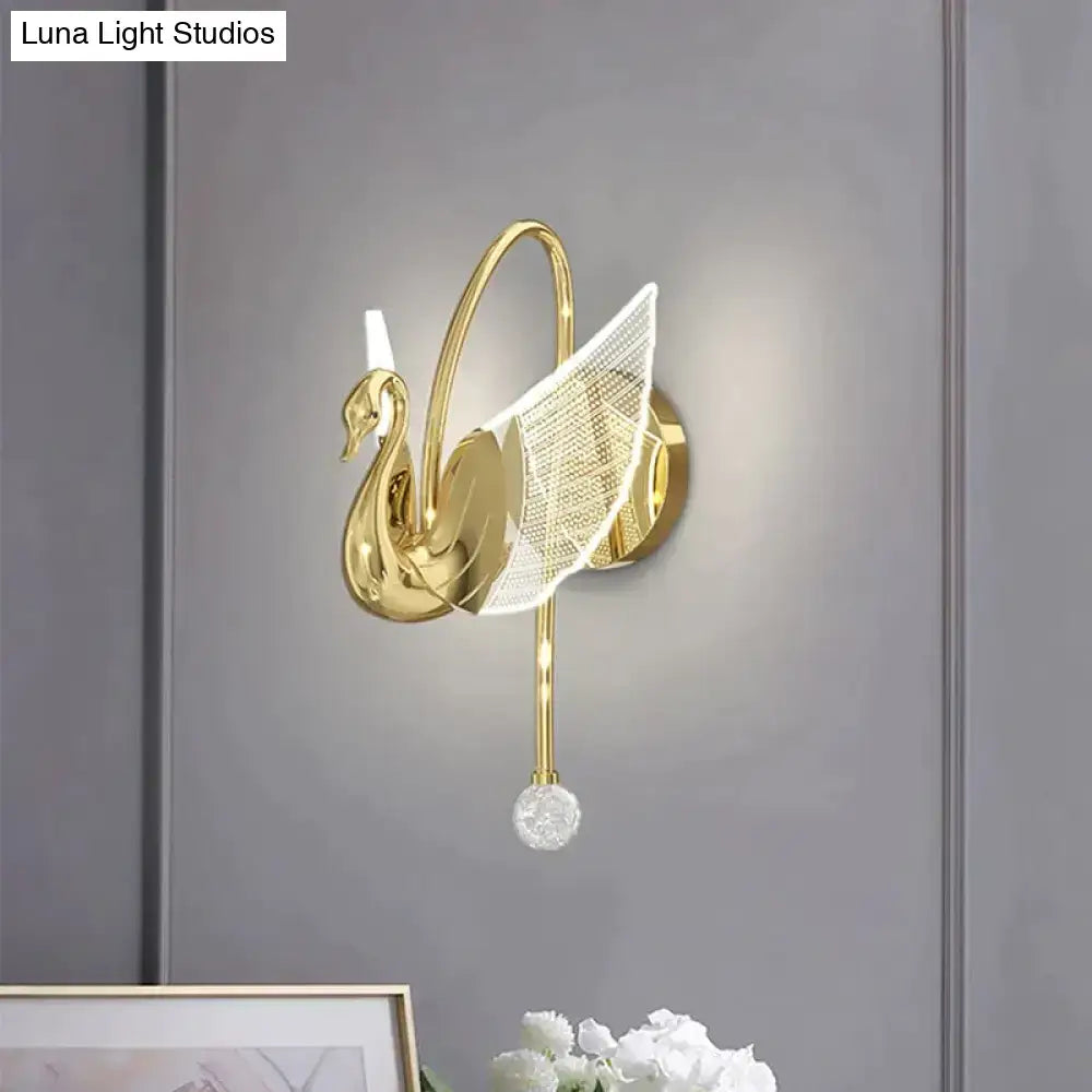 Art deco gold swan wall lamp with translucent mesh wing and crystal orb for bedroom bedside wall lighting