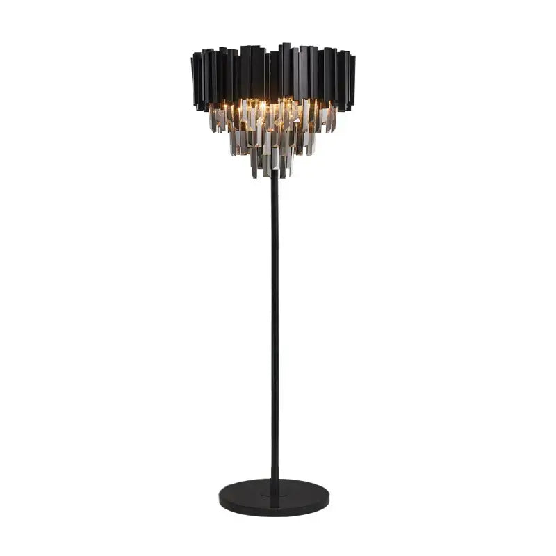 Black floor lamp with modern tiered design featuring vertical metal rods and cascading crystal marble led elements decorbites