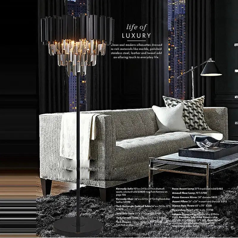 Black floor lamp with vertical crystal marble led rods and warm golden lights for decorbites crystal marble decor
