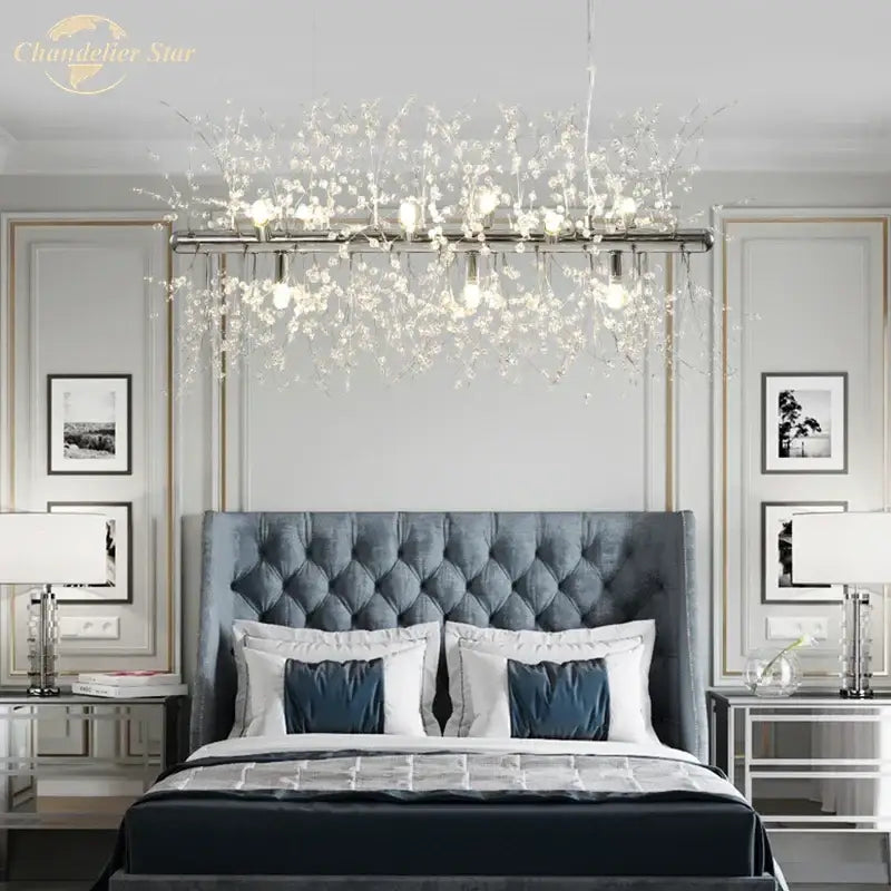 A modern golden crystal star led chandelier with clear crystal accents and a sleek metallic frame for living room decorbites