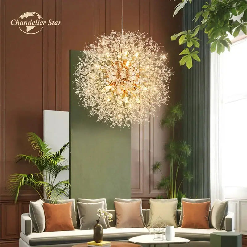 Art deco golden crystal star led chandelier with sparkling gold and clear crystal spherical flower design pendant light