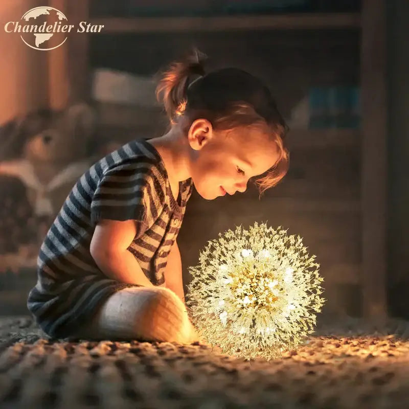 Art deco golden crystal star led chandelier living room pendant light with glowing spherical led dandelion design and warm white lights