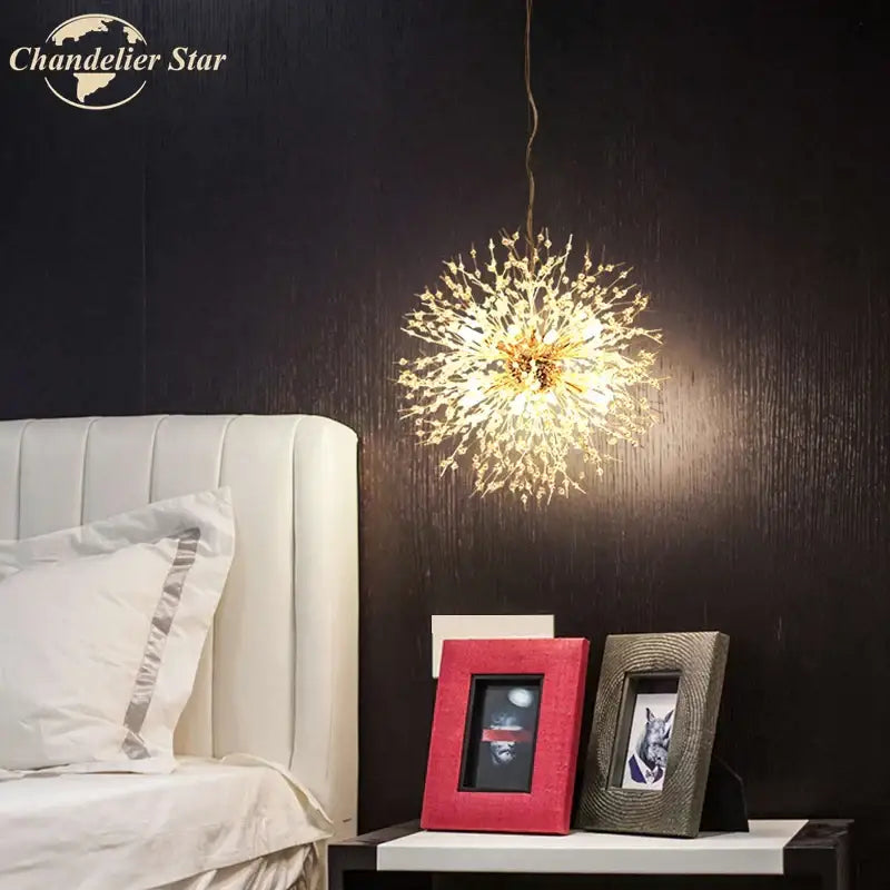 Art deco golden crystal star led chandelier with delicate branching arms and warm led lights for living room decorbites crystal star