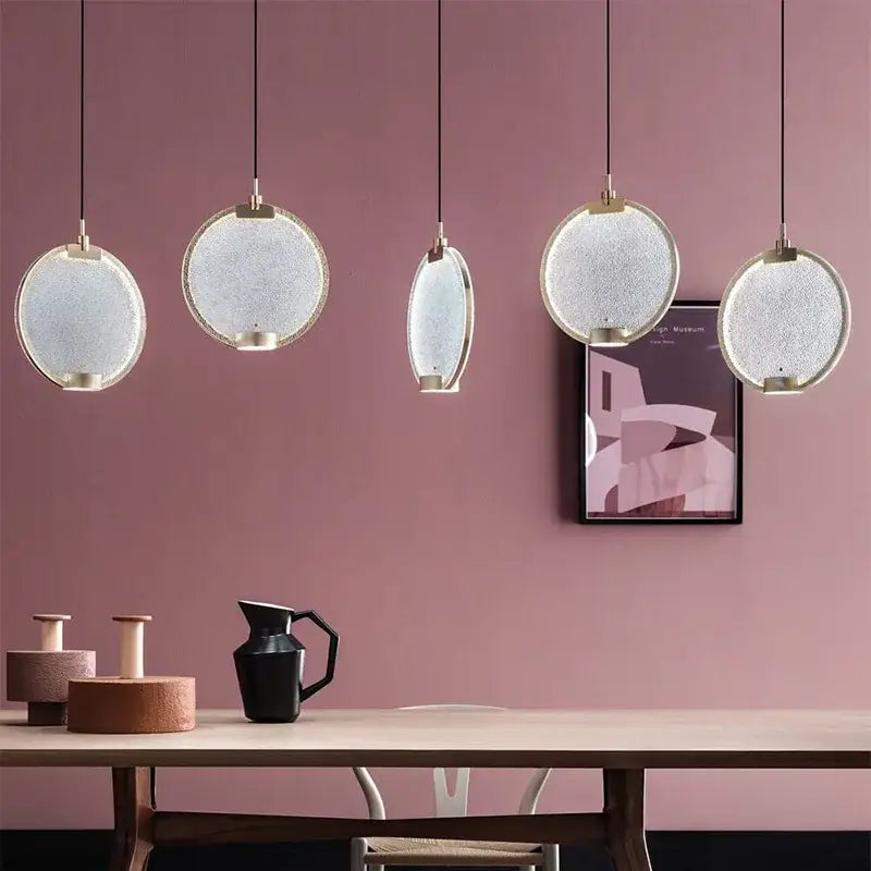 Five art deco lavender glass horo led pendant lights with frosted glass shades and gold frames for kitchen decorbites lighting