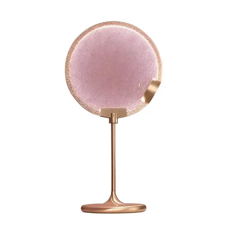 Art deco lavender glass horo led pendant light with rose gold framed vanity mirror and slender metallic stand decorbites glass horo