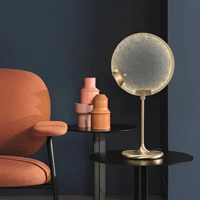 A sleek art deco pendant light with lavender textured glass horo dome and gold-toned metal base by decorbites glass horo led
