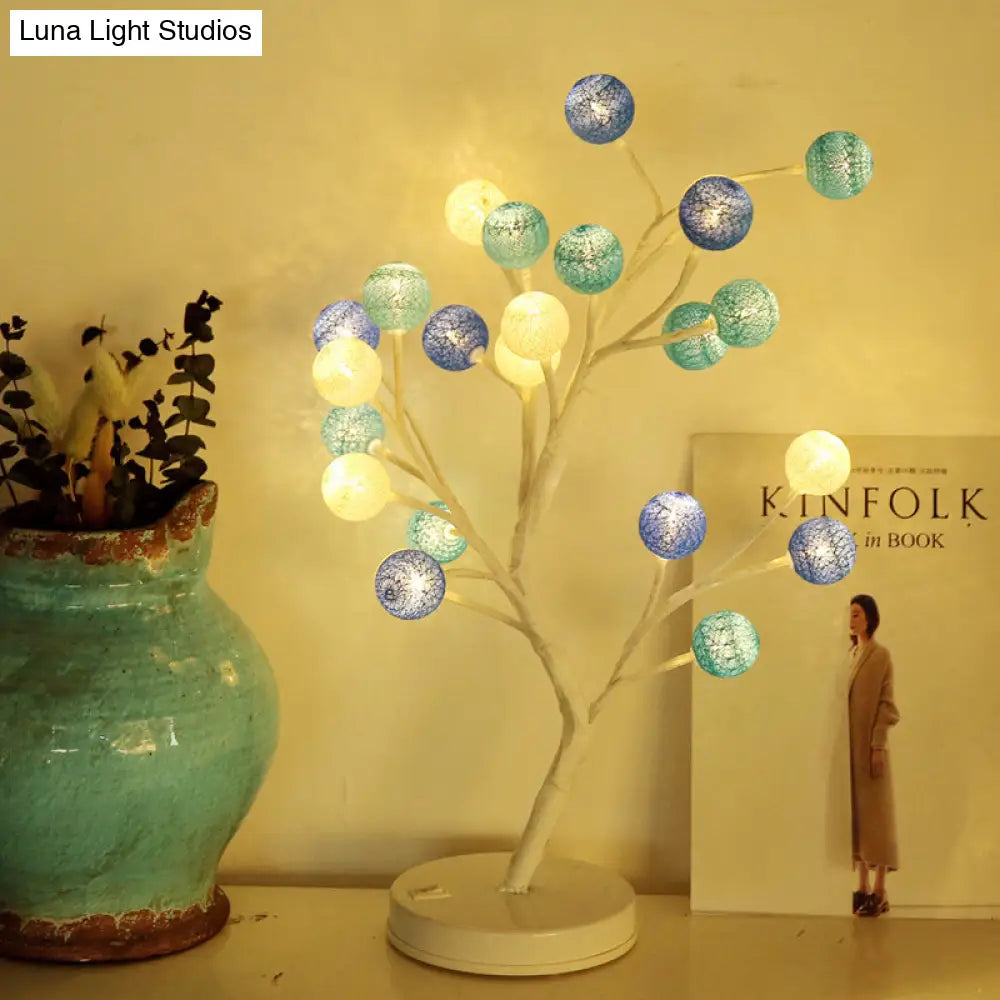 Lámpara de mesa nocturna LED Art Déco con diseño de árbol y bolas de hilo de algodón - Rosa/Azul/Verde